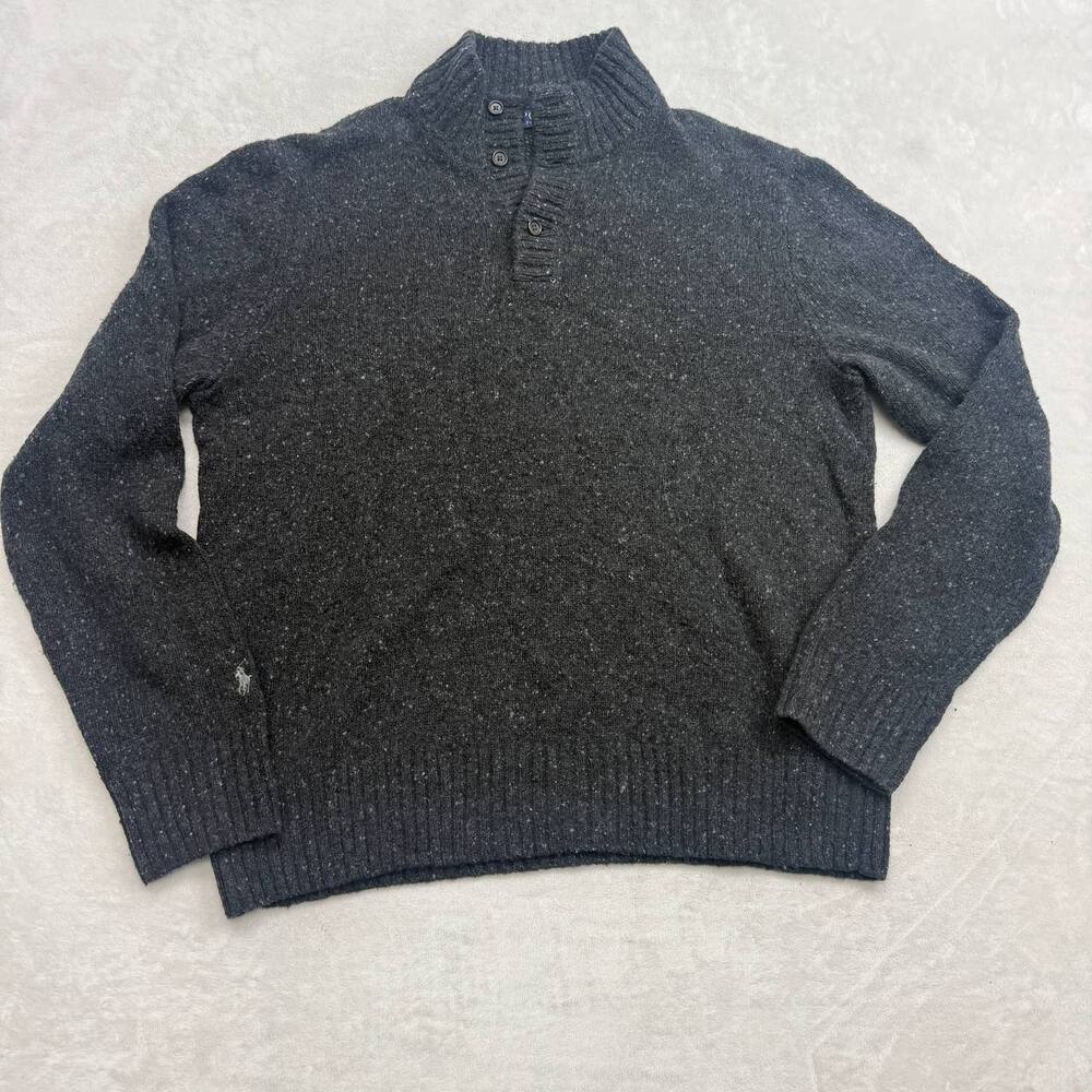 Ralph Lauren Men's Sweater Grey Size XL Button Mock Neck Marled Knit Pullover